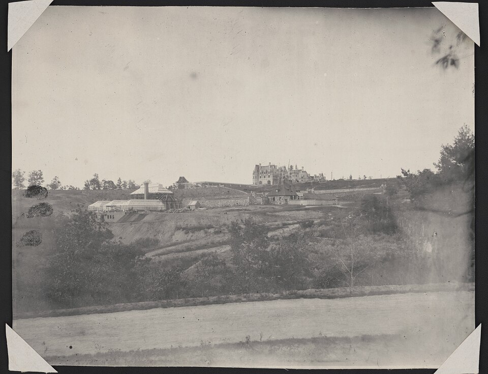Greenhouse and conservatory buildings under construction at Biltmore, photographed in 1895