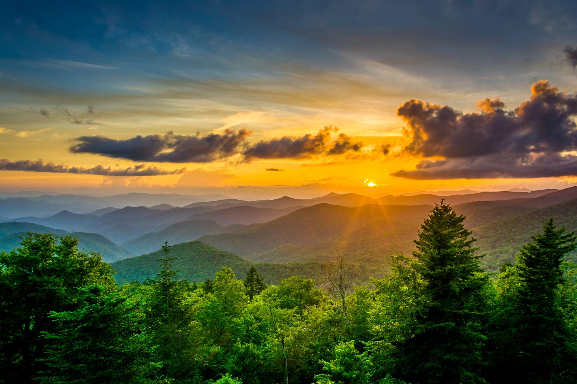Sunset over ridge after ridge - the layered view the Blue Ridge is named for.