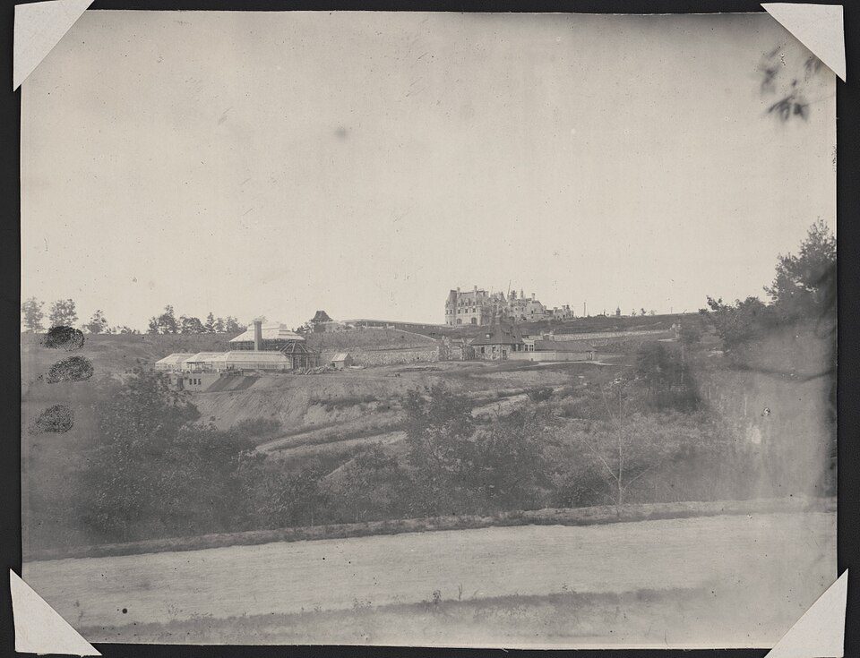Greenhouse and conservatory buildings under construction at Biltmore, photographed in 1895