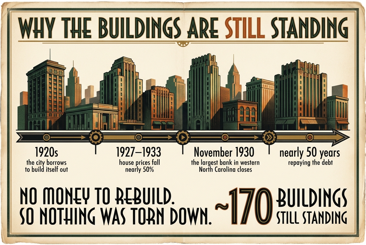 Timeline titled Why the buildings are still standing. A row of early twentieth-century commercial buildings stands unchanged above a line running from the 1920s to the 1970s. Marked beneath it: the 1920s, when the city borrowed to build itself out; 1927 to 1933, when house prices fell nearly 50 percent; November 1930, when the largest bank in western North Carolina closed; and nearly 50 years of repaying the debt. The closing statement reads: no money to rebuild, so nothing was torn down — around 170 buildings still standing.