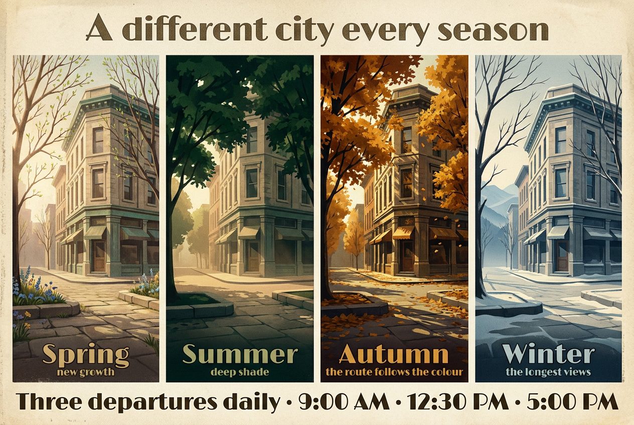 Poster titled A different city every season. Four panels show the same downtown street corner in each season, the same buildings and the same viewpoint throughout, so only the light and foliage change. Spring, new growth: bare branches breaking into leaf with wildflowers at the kerb. Summer, deep shade: a heavy green canopy closing over the street. Autumn, the route follows the colour: the same trees in full gold. Winter, the longest views: bare trees with blue mountain ridges now visible through the gap the leaves had filled. Beneath: three departures daily at 9:00 a.m., 12:30 p.m. and 5:00 p.m.