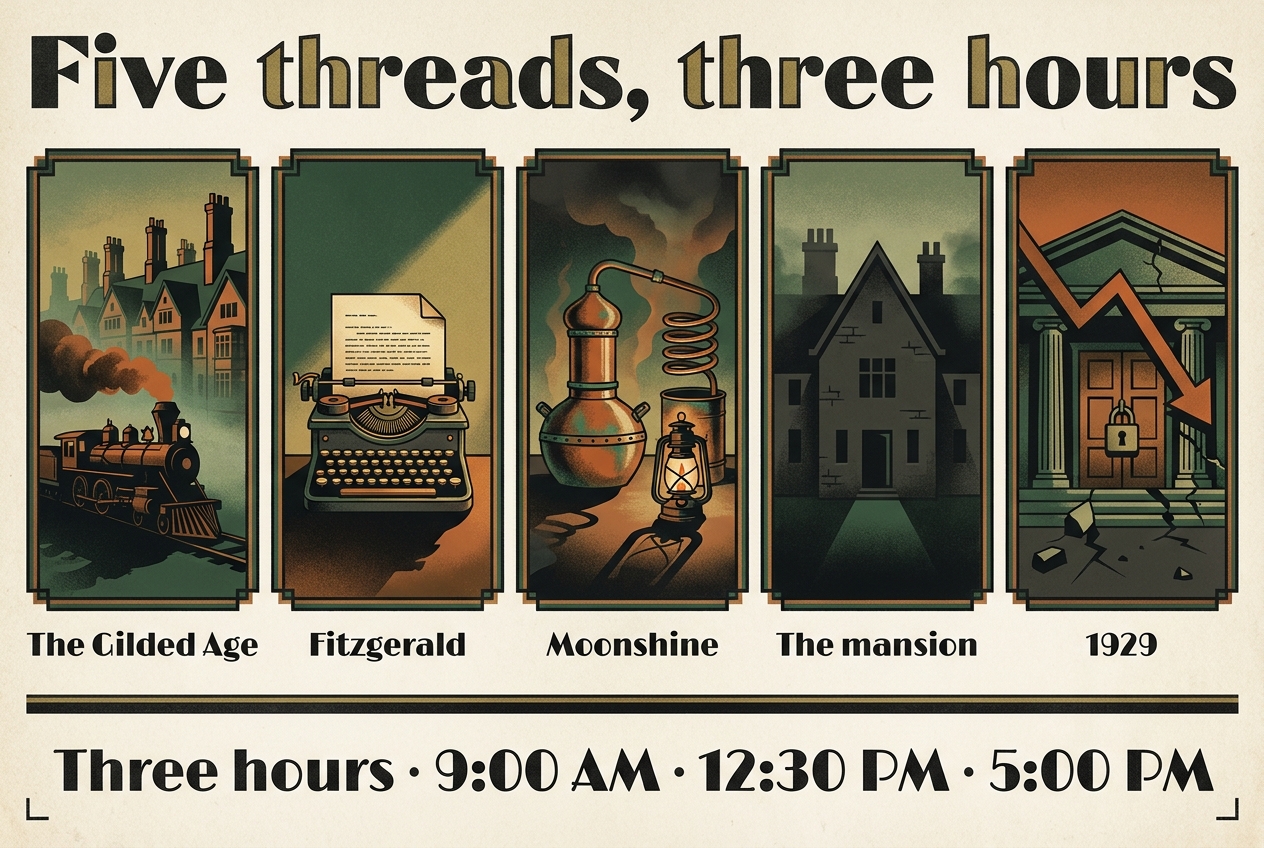 Poster titled Five threads, three hours. Five panels in a row, each labelled once: The Gilded Age, a steam locomotive below the rooflines of a grand mountain resort; Fitzgerald, a manual typewriter with a sheet of paper in it; Moonshine, a copper pot still with a coiled condenser and a lit lantern; The mansion, a large stone house with steep gables and tall chimneys; and 1929, a columned bank facade with its doors padlocked. Beneath them: three hours, with departures at 9:00 a.m., 12:30 p.m. and 5:00 p.m.