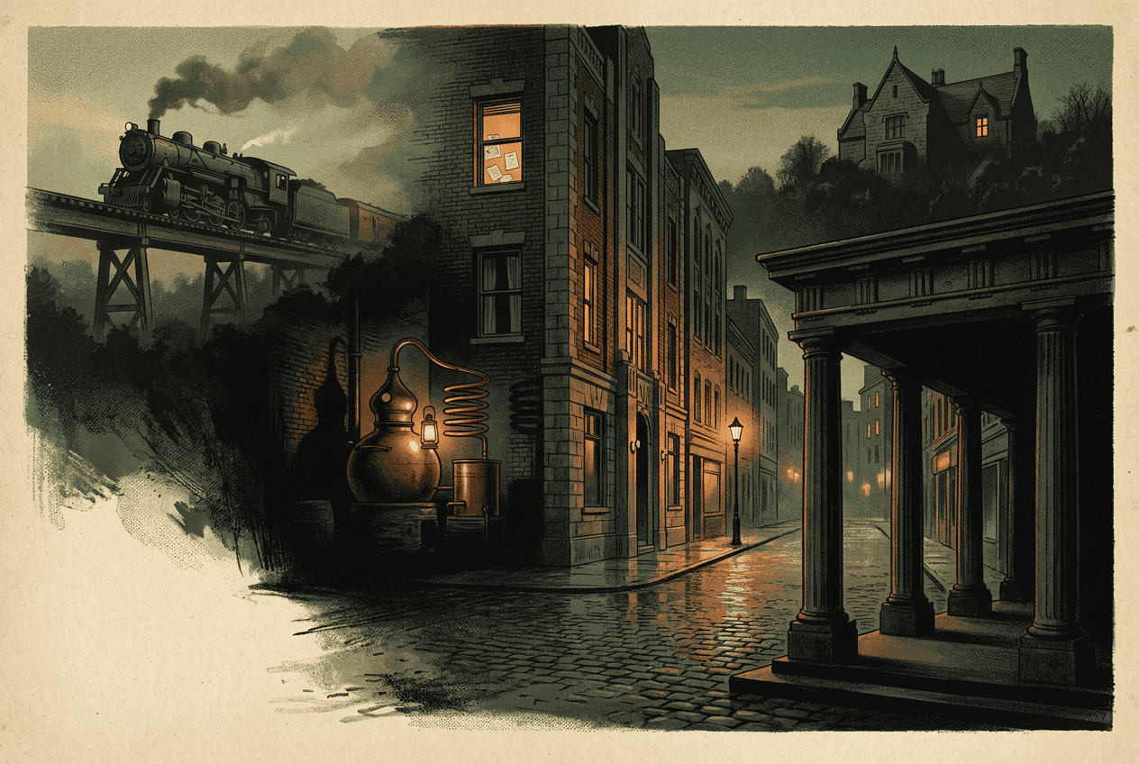 Illustration of Asheville at dusk: a steam locomotive crosses a trestle above the rooftops, a copper pot still and a lantern glow in an alley mouth, one upper window is lit as a writer&rsquo;s room with papers at the glass, a large stone house with steep gables stands on a wooded rise above the town, and the columned portico of a bank anchors the foreground over wet cobbles.