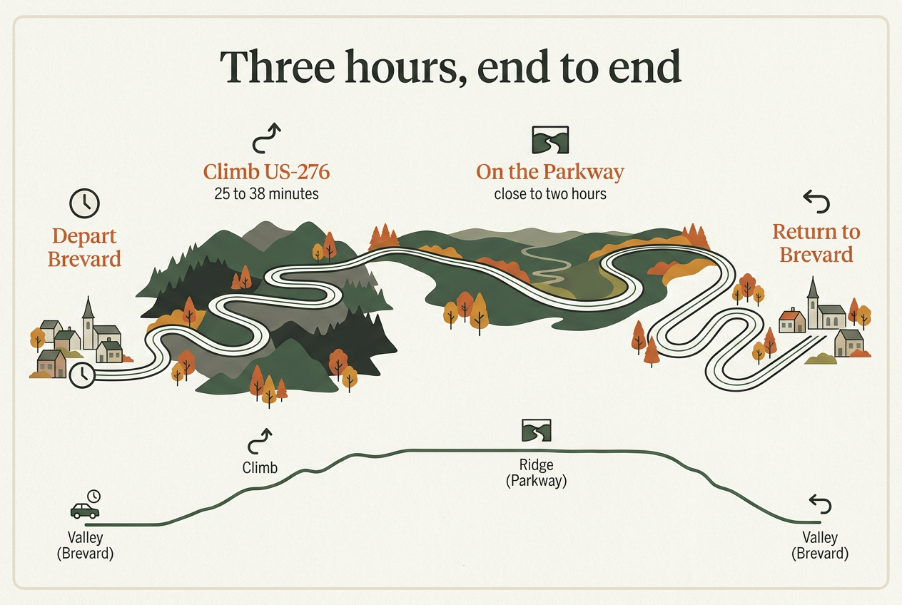 Timeline illustration of the three-hour tour: departing Brevard, climbing US-276 through forested switchbacks for 25 to 38 minutes, close to two hours running along the ridge-top Parkway, then the return to Brevard, with an elevation profile beneath showing valley to ridge and back.