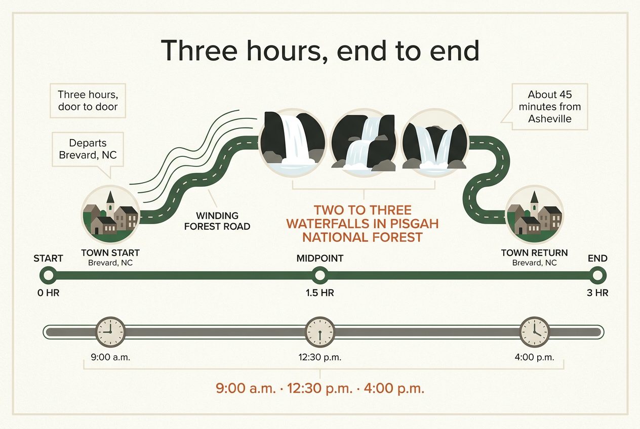 Timeline illustration titled Three hours, end to end: a forest road leaves a small town marker, winds past three white cascades grouped in the middle third, and returns to the town, above a bar marked start, midpoint and end, with three clock faces beneath.