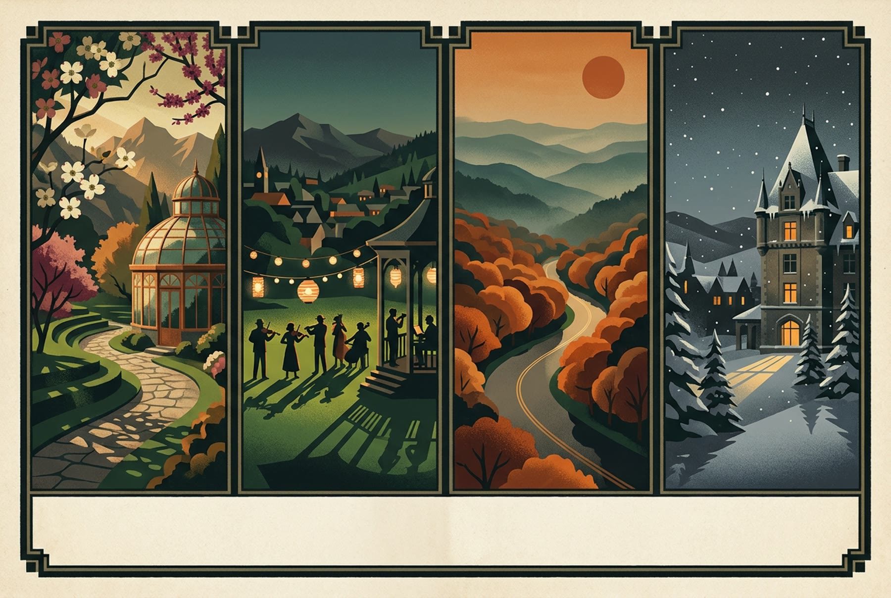 A 1920s travel-lithograph in four panels like a folding screen: spring dogwood over a garden path and glasshouse dome, a summer lantern-lit outdoor concert with fiddlers, a fall parkway curve blazing orange through ridges, and a snow-dusted grand roofline at dusk