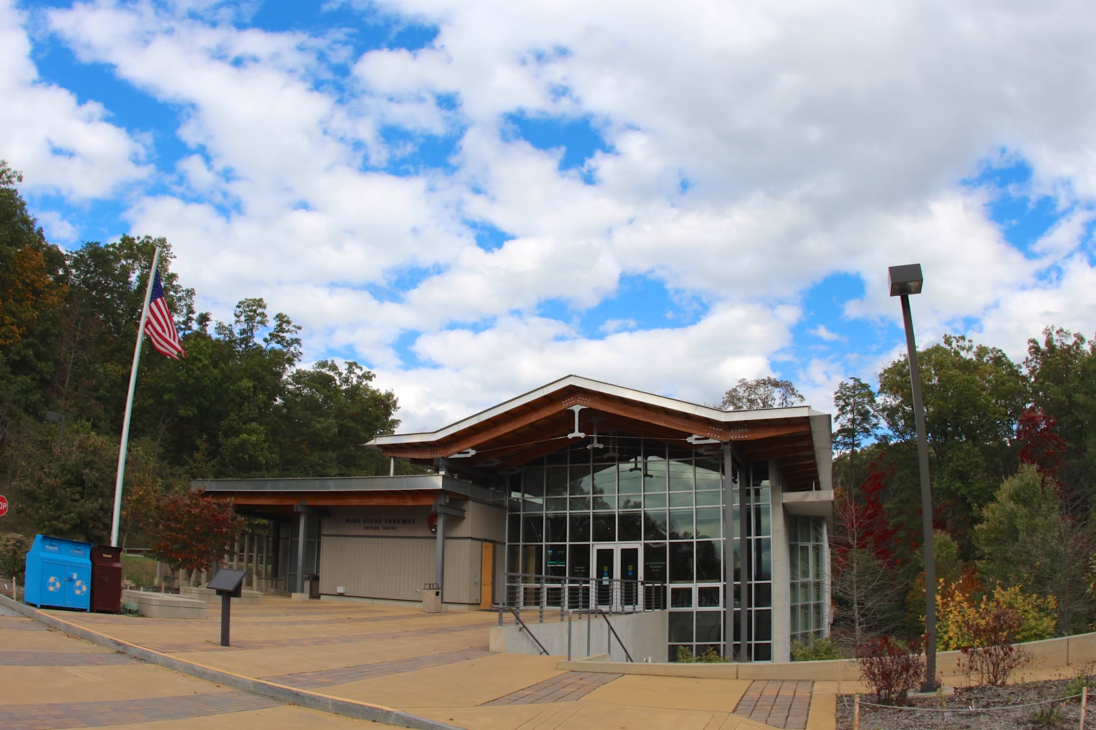 Blue Ridge Parkway Visitor Center, NC. The long low modern building with its sloping green roof set into the hillside.