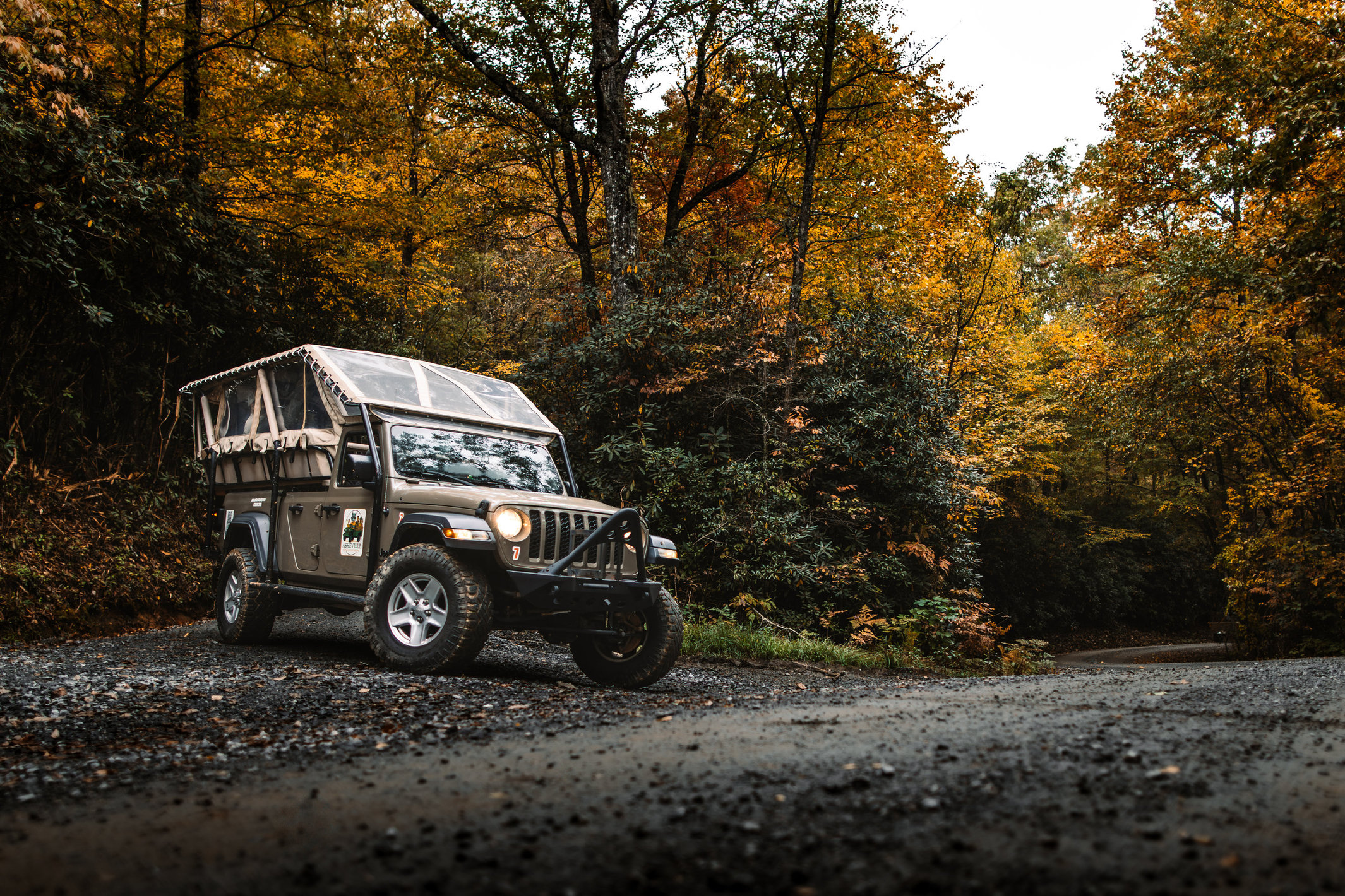 The open-air Jeep parked on a gravel forest road under full autumn colour.