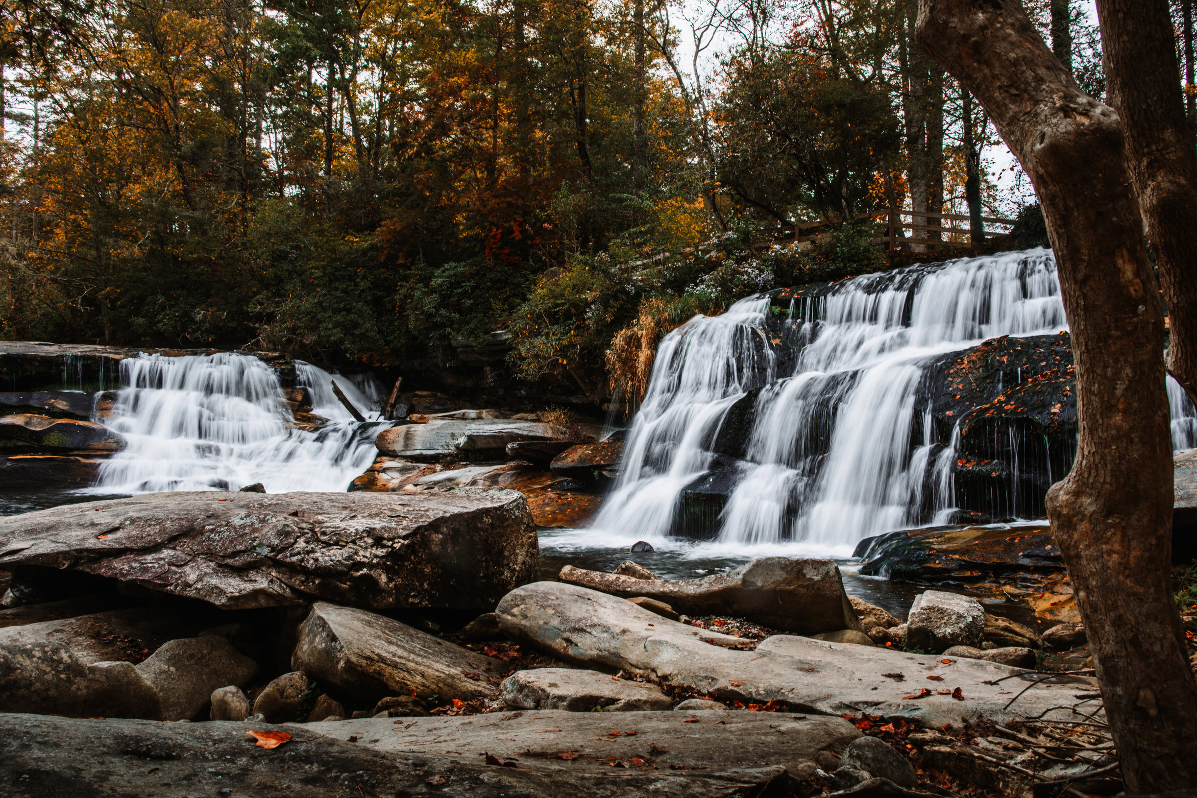 Two waterfalls dropping over stepped bedrock ledges in autumn forest, white water against dark wet rock, fallen orange leaves scattered across the boulders in the foreground