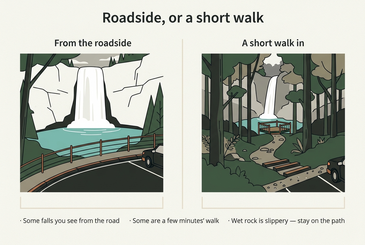 Split illustration titled Roadside, or a short walk: on the left a tall waterfall seen from a roadside pull-off with a timber rail and a parked car in the foreground; on the right a forest footpath with timber steps leading to a small viewing platform below a cascade.