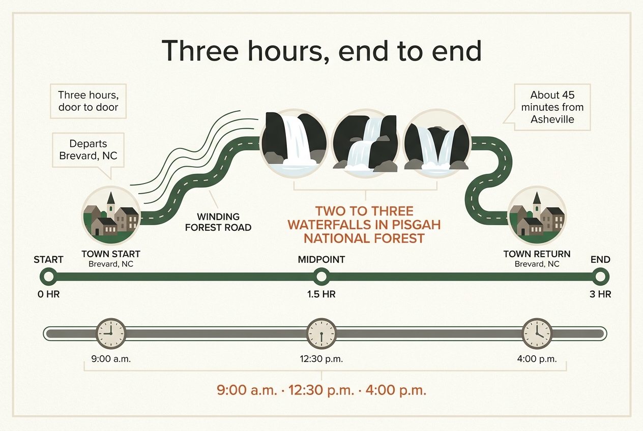 Timeline illustration titled Three hours, end to end: a forest road leaves a small town marker, winds past three white cascades grouped in the middle third, and returns to the town, above a bar marked start, midpoint and end, with three clock faces beneath.
