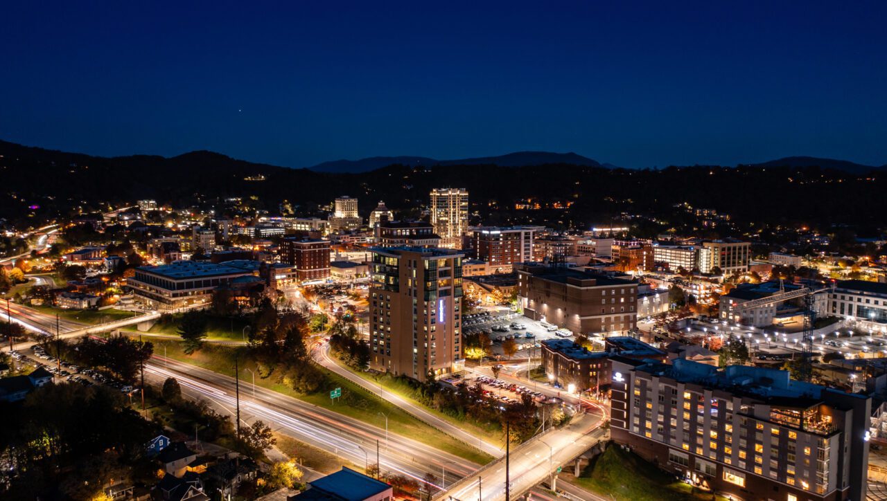 Aerial view of downtown Asheville, North Carolina at night
