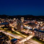 Aerial view of downtown Asheville, North Carolina at night